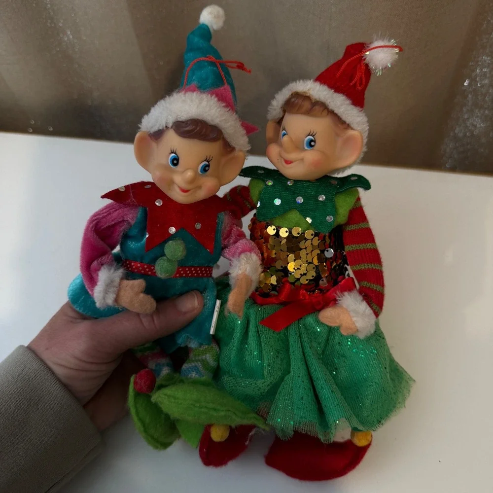 Christmas Elf Doll Ornaments Set of 2 Posable Sequin Tulle Holiday Decor Figures